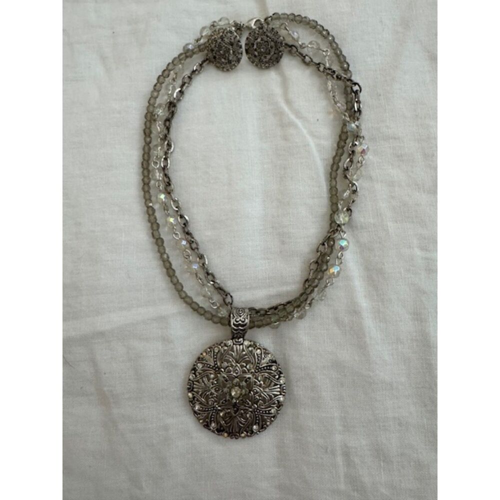 Vintage Avon Silver-tone beaded necklace and earrings set.
